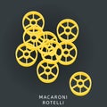 Traditional italian kitchen. Macaroni rotelle, ruote, wagon wheels, pasta. Icon isolated on dark background. Vector