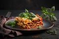 Traditional Italian lasagna bolognese with minced meat, tomato sauce and basil on a black plate Royalty Free Stock Photo