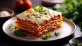 Traditional Italian lasagna with bolognese sauce on a plate. Generative AI Royalty Free Stock Photo