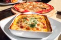 Traditional Italian Lasagna made with Minced Beef Bolognese Sauce topped with Basil Leaves served on a White Plate Royalty Free Stock Photo