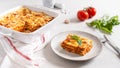 Traditional italian lasagna with vegetables, minced meat, cheese bolognese and bechamel sauce. Side view, menu, recipe Royalty Free Stock Photo