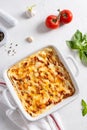 Traditional italian lasagna with vegetables, minced meat, cheese bolognese and bechamel sauce. Top view, menu, recipe Royalty Free Stock Photo