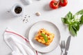 Traditional italian lasagna with vegetables, minced meat, cheese bolognese and bechamel sauce. Top view, menu, recipe. COpy space Royalty Free Stock Photo