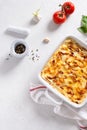 Traditional italian lasagna with vegetables, minced meat, cheese bolognese and bechamel sauce. Top view, menu, recipe Royalty Free Stock Photo