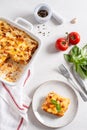 Traditional italian lasagna with vegetables, minced meat, cheese bolognese and bechamel sauce. Top view, menu, recipe Royalty Free Stock Photo