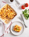 Traditional italian lasagna with vegetables, minced meat, cheese bolognese and bechamel sauce. Top view, menu, recipe Royalty Free Stock Photo