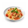 Traditional Italian linguini pasta with tomatoes and basil isolated on white background, created with generative AI Royalty Free Stock Photo