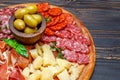 Meat and cheese plate with salami sausage, chorizo, parma and parmesan cheese Royalty Free Stock Photo