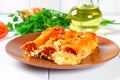 Traditional Italian pasta cannelloni. Baked tubes stuffed with minced meat with parmesan cheese and bechamel sauce on a white wood Royalty Free Stock Photo