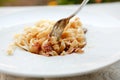 Traditional italian pasta carbonara with bacon and egg on fork Royalty Free Stock Photo