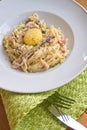 Traditional Italian pasta carbonara with bacon, egg yolk, cheese Royalty Free Stock Photo