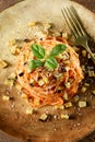 Traditional Italian pasta with eggplant and tomato sauce Royalty Free Stock Photo