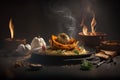 Traditional italian pasta with pumpkin and mozzarella on dark background