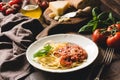 Traditional italian pasta spaghetti with tomato sauce and shrimps Royalty Free Stock Photo