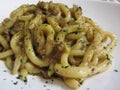 Traditional italian Pici pasta with boar ragout . Tuscan typical recipe