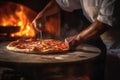 Traditional Italian pizza cooking and baking in a traditional wood-fired oven with Ai Generated Royalty Free Stock Photo