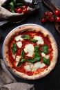 Traditional Italian pizza Margarita. Basil leaves and tomato sauce. Metal plate for serving food. Vertical photo Royalty Free Stock Photo