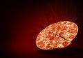 Traditional italian pizza margarita flying in sigh on a dark red background with a sliced slice of pizza next to Royalty Free Stock Photo