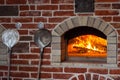 Traditional italian Pizza oven, burning wood and flames in fireplace Royalty Free Stock Photo