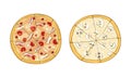 Traditional Italian Pizza of Round Shape with Bacon and Mushrooms Above View Vector Set