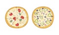 Traditional Italian Pizza of Round Shape with Seafood and Mushrooms Above View Vector Set