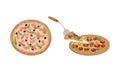 Traditional Italian Pizza of Round Shape with Shrimp and Salami Vector Set