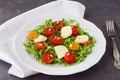 Traditional Italian salad with cherry tomato, ruccola, mozzarella, olive oil wine vinegar on a white plate on a grey Royalty Free Stock Photo