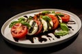 Traditional Italian salad with ripe tomatoes cheese fresh basil and a drizzle of balsamic glaze. Healthy food concept