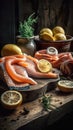 Traditional italian sea food on rustic wood, AI generative shot