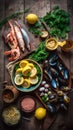 Traditional italian sea food on rustic wooden table, top view, overhead AI generative shot