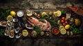 Traditional italian sea food on rustic wooden table, top view, overhead AI generative shot
