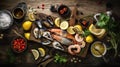 Traditional italian sea food on rustic wooden table, top view, overhead AI generative shot