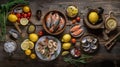 Traditional italian sea food on rustic wooden table, top view, overhead AI generative shot