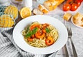 Traditional italian seafood homemade pasta with shrimps. Royalty Free Stock Photo