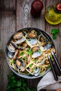 Traditional italian seafood pasta with clams Spaghetti alle Vongole in the pan Royalty Free Stock Photo