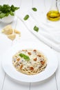 Traditional Italian spaghetti pasta with mushrooms and parmesan cheese Royalty Free Stock Photo