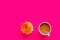 Traditional Italian sweet pastry zeppole cup of freshly brewed coffee with foamy crema on fuchsia pink background