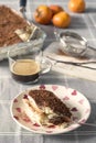 Traditional Italian tiramisu cake flavoured with coffee and topped with chocolate and cocoa Royalty Free Stock Photo