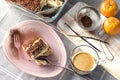 Traditional Italian tiramisu cake flavoured with coffee and topped with chocolate and cocoa Royalty Free Stock Photo