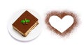 Traditional Italian Tiramisu square dessert portion on ceramic plate and heart shape made of cocoa powder isolated on Royalty Free Stock Photo