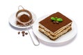 Traditional Italian Tiramisu square dessert portion on ceramic plate and strainer with cocoa powder isolated on white Royalty Free Stock Photo