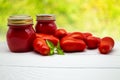 Traditional Italian tomato sauce in a glass jar with fresh tomatoes and basil. Copy space Royalty Free Stock Photo