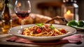 Traditional Italy pasta, Heaped plate of delicious Italian spaghetti pasta with fresh basil leaves and grated parmesan