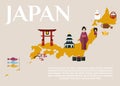 Traditional Japan travel map, famous culture symbols vector illustration. Japan travel and tour in Japanese oriental