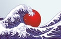 Traditional Japan wave, big red sun illustration. Japan flag design Royalty Free Stock Photo