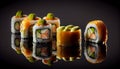 Beautiful horizontal composition of salmon sushi maki rolls isolated on black background. Generative AI illustration