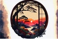 Traditional Japanese Asian garden through a round window Royalty Free Stock Photo