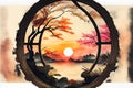 Traditional Japanese Asian garden through a round window Royalty Free Stock Photo