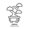 Traditional japanese bonsai line icon. Miniature tree in pot vector symbol. Editable stroke