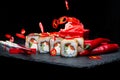 Traditional Japanese cuisine. Selective focus on sushi rolls wi Royalty Free Stock Photo